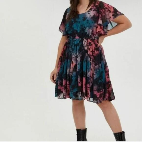 Torrid Mini Chiffon Ruffle Hem Skater Dress, size ride dye - Picture 1 of 11